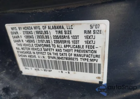 2007 Honda Odyssey Ex from USA, damaged, VIN 5FNRL38457B089275